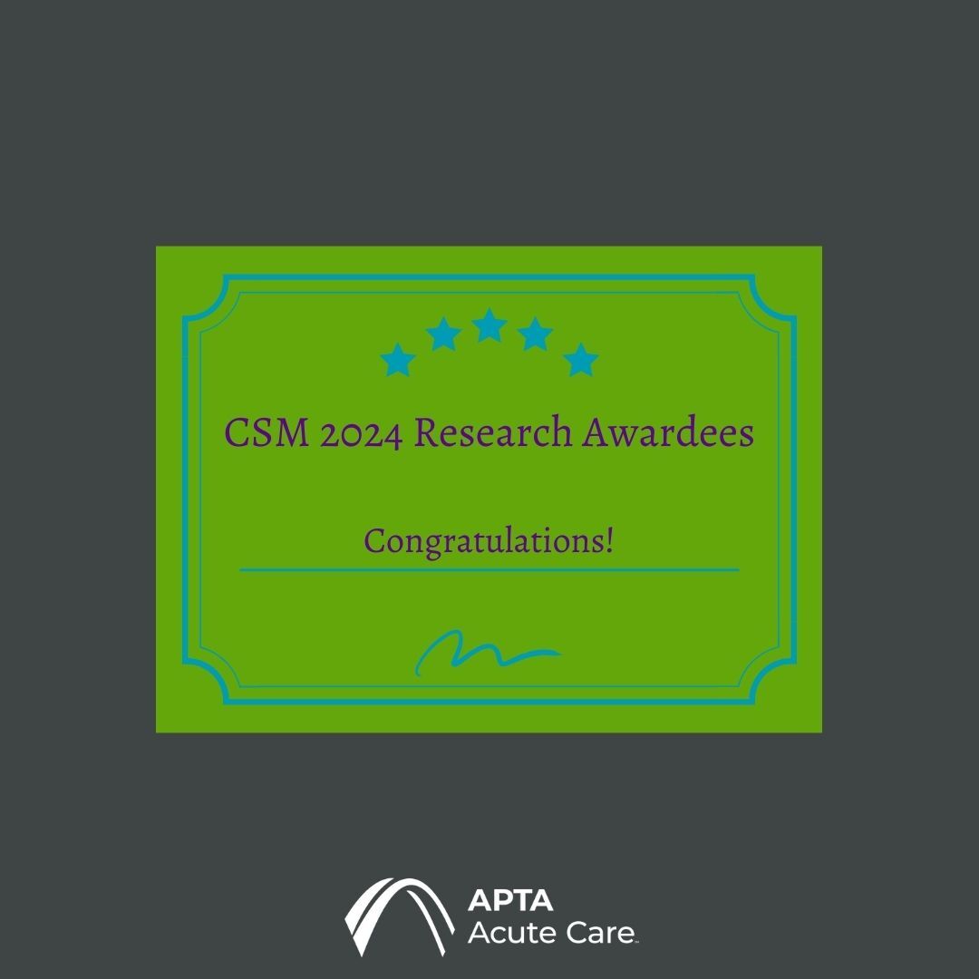 The Research Committee would like to extend its congratulations to the winners of the APTA Acute Care’s Combined Sections Meeting (CMS) Research Presentation Awards: 𝗢𝘂𝘁𝘀𝘁𝗮𝗻𝗱𝗶𝗻𝗴 𝗣𝗹𝗮𝘁𝗳𝗼𝗿𝗺: '𝗔𝘀𝘀𝗼𝗰𝗶𝗮𝘁𝗶𝗼𝗻 𝗼𝗳 𝗣𝗵𝘆𝘀𝗶𝗰𝗮𝗹 𝗙𝘂𝗻𝗰𝘁𝗶𝗼𝗻 𝘄𝗶𝘁𝗵