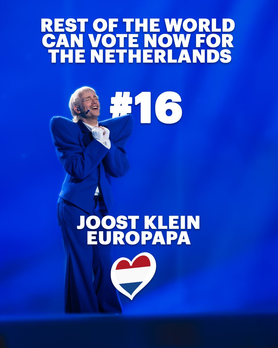 Go to esc.vote and vote for #16 for the Netherlands for #eurovision2024! The 'rest of the world' -vote has started now 💙 #europapa