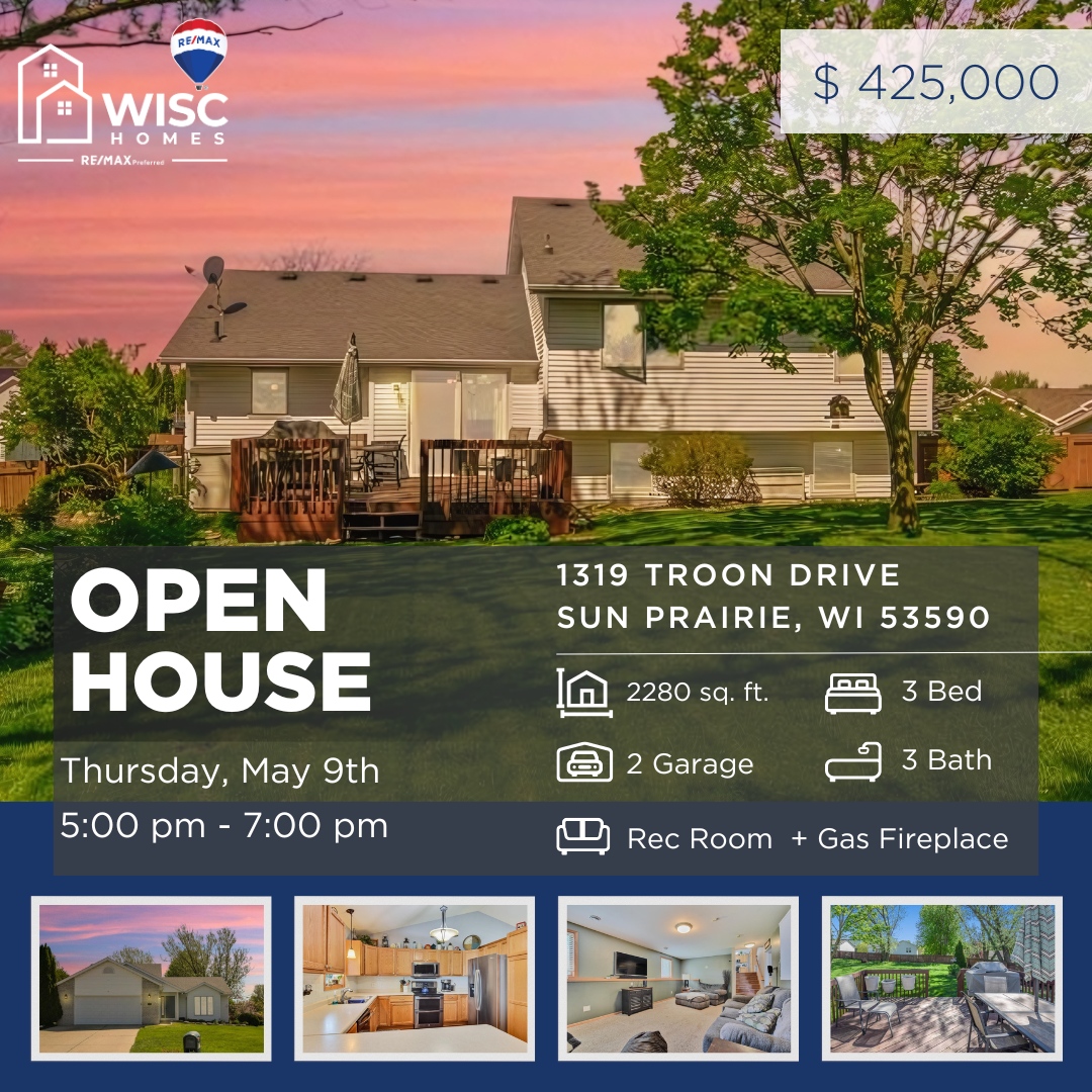 🏡 Join us for an open house at this charming home, the perfect blend of comfort and style! 😍 Don't miss out on the opportunity to see 1319 Troon Drive on Thursday, May 9th from 5-7pm. #OpenHouse #CharmingHome #PerfectBlend 🌸 #RealEstate #DreamHome #WiscHomes #SWIHomes