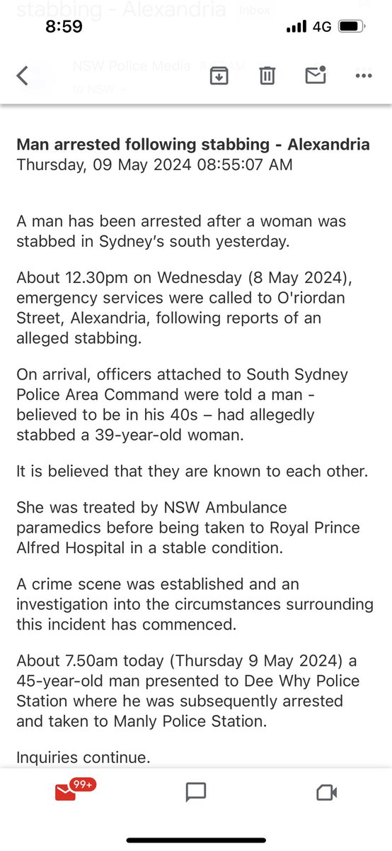 BREAKING: A 45 year old man has been arrested over yesterday’s alleged gym stabbing of a 39 year old woman in Sydney. He presented to Dee Why police station an hour ago. @9NewsAUS @TheTodayShow