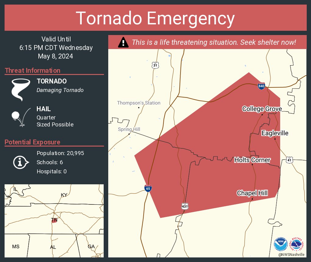 Tornado Emergency continues for Chapel Hill TN, Eagleville TN and  College Grove TN until 6:15 PM CDT