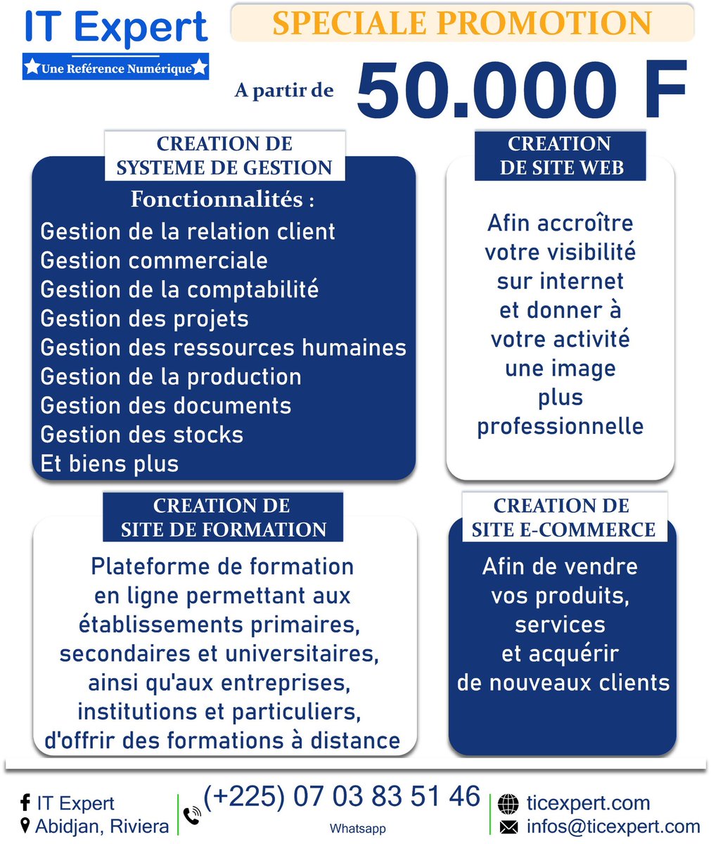 mathieu_hackerW's tweet image. CREATION DE SYSTEME DE GESTION
CREATION DE SITE WEB
CREATION DE SITE DE FORMATION
CREATION DE SITE E-COMMERCE
À partir de 50.000 F
------------------------
📞 07 03 83 51 46 (WhatsApp)
------------------------
🌐 ticexpert.com
📧 infos@ticexpert.com
📍 Abidjan, Riviera