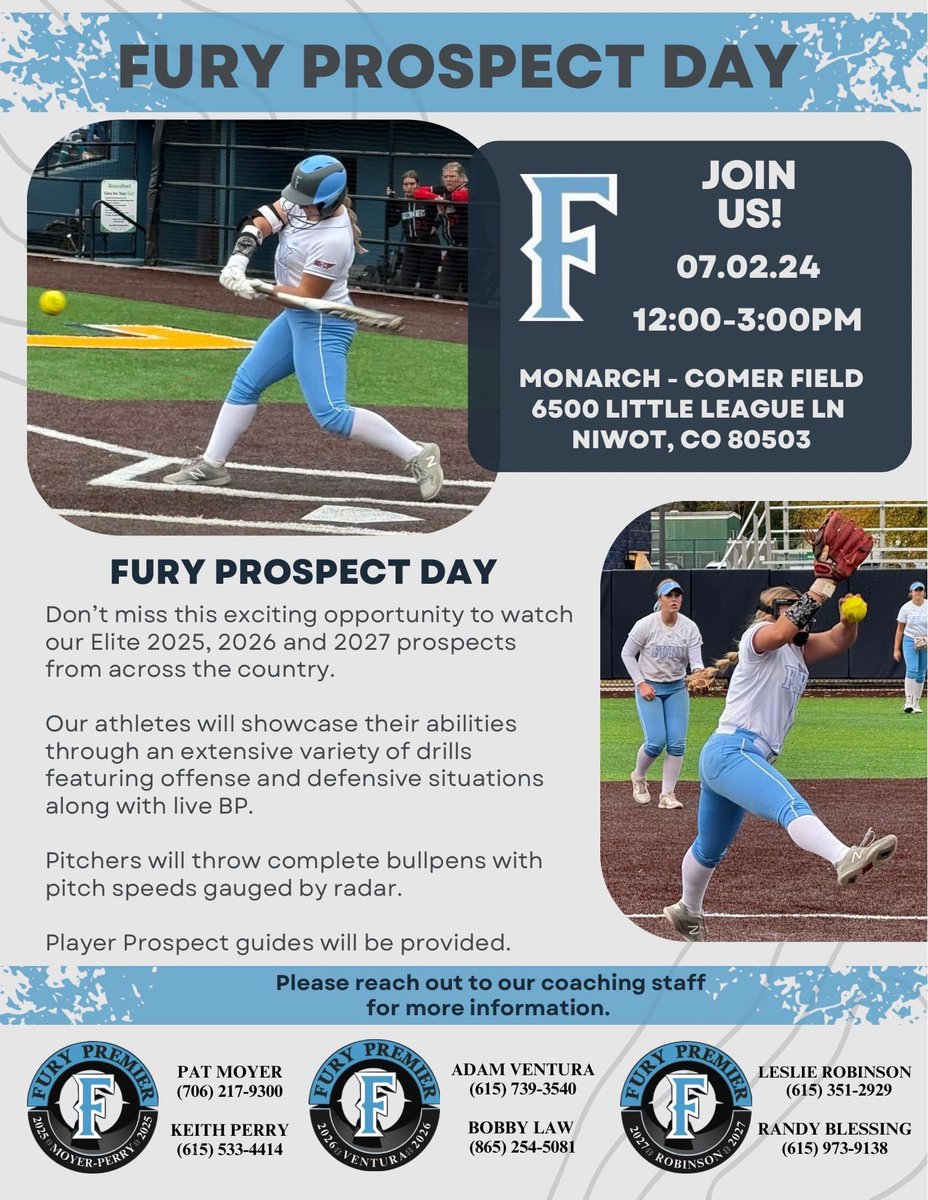 Attention college coaches: Please plan to attend the Fury Prospect Camp on July 2 from 12-3 in Niwot, CO. There will be many talented ladies there! See flyer attached. @Coach_Debrosse @YaleSoftball @Coach_Debrosse @CULionsSoftball @UNCSoftball @c_lyon22 @coachmegsmith