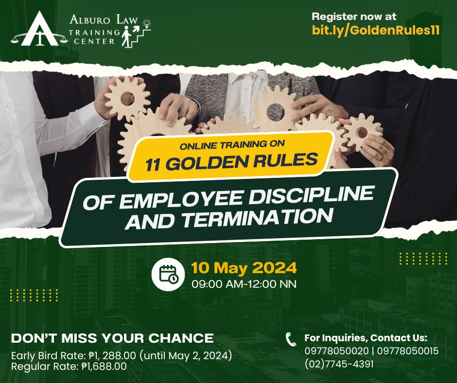 This training session delves into providing participants with essential insights and strategies for managing employee behavior, discipline, and termination effectively.

REGISTER NOW: bit.ly/GoldenRules11

#11Goldenrules
#EmployeeDiscipline
#LaborLaw 
#AlburoLaw #Yangtze
