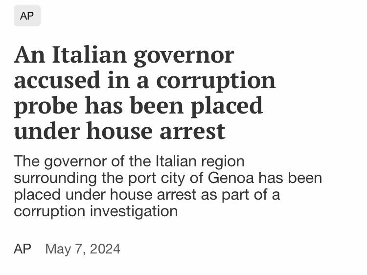 ICYMI:
The Governor for the region around Italy’s port city Genoa, has been placed under house arrest amidst a corruption investigation.
swoknews.com/ap/internation…