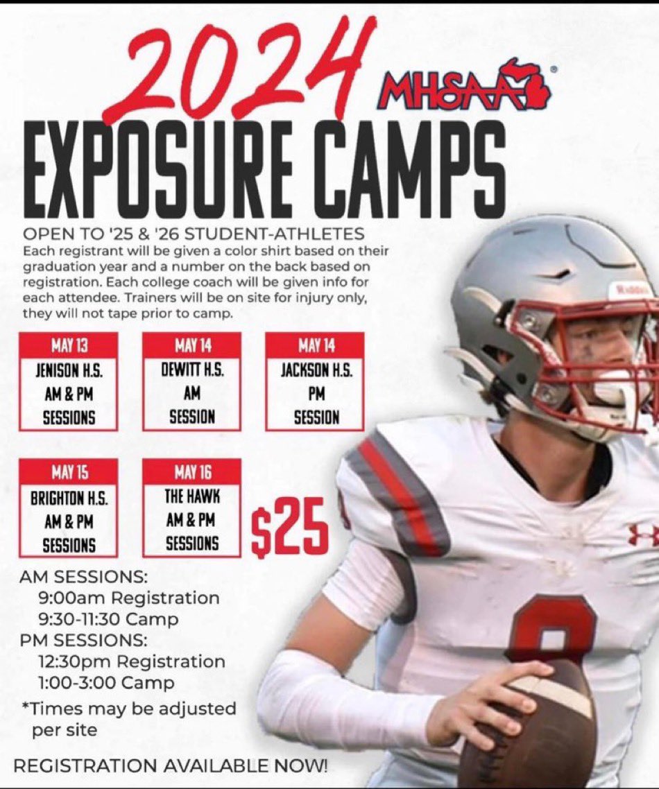 I will be attending the MHSAA exposure camp in Jenison on May 13 for Te/Wr! I will be at the PM session.