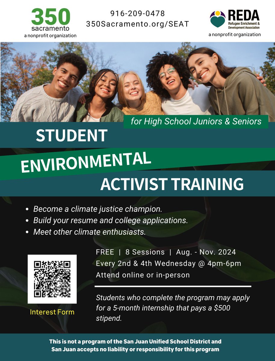 Fill out the interest form here: docs.google.com/forms/d/e/1FAI… or scan the QR code on the flyer

#climatechange #climateactivists #climatejustice #sacramentoclimateaction #sacramentostudents #sanjuanschooldistrict #noplanetb #betterfuture #sacramentoparents #sacramento