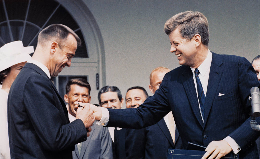 Today in 1961, President John F. Kennedy presented Alan Shepard with NASA's Distinguished Service Medal, just days after his groundbreaking spaceflight. 'This decoration, which is going from the ground up,' Kennedy quipped as he handed Shepard the medal after dropping it.