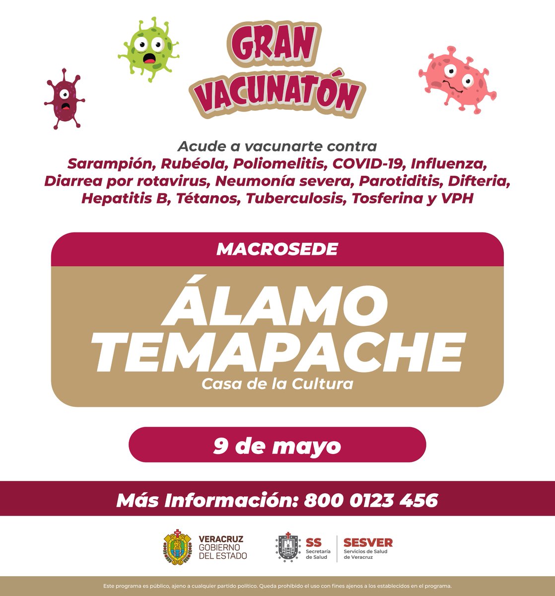 ¡Mañana inicia en los municipios de Minatitlán, Martínez De la Torre y Álamo Temapache! Continuando con las jornadas del “Gran Vacunatón ” 💉a partir de este jueves 09 de mayo se suman las siguientes sedes. ☎️Llama al 800 0123 456 para más informes