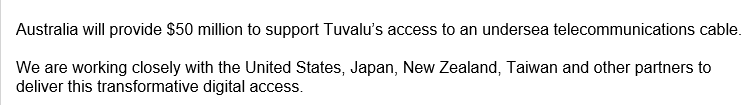 Yesterday penny Wong was in Tuvalu giving them $50m to support Tuvalu’s access to an undersea telecommunications cable.

With the way this govt loves gas emissions the people of Tuvalu better get used to everything being undersea...