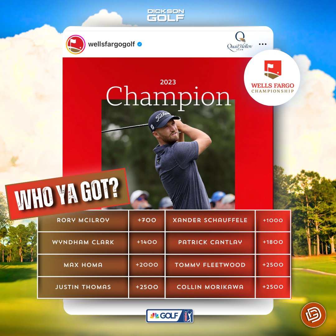 Who ya got?

The #PGA has arrived at #QuailHollow in North Carolina for the 2024 Wells Fargo Championship, May 9-12, 2024.

Can Wyndham Clark defend his 2023 title? With 700 #FedExCup pts + $20M on the line, who's your pick to win?

Catch all the action at dicksongolf.ca