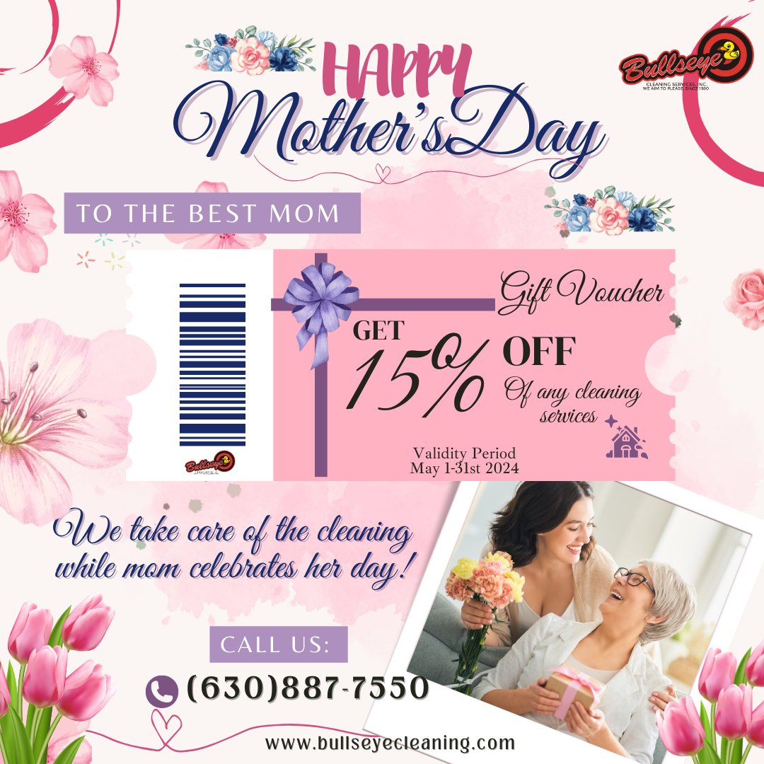 BullseyeSe's tweet photo. Happy Mother’s Day!
Bullseye brings you the perfect gift for mom!
Pamper Mom on her day while we take care of her house cleaning needs.
Redeem this coupon for 15% Off any of our cleaning services.
#happymothersday2024 #housecleaningservice #officecleaningservice https://t.co/5SNuPKxRVb