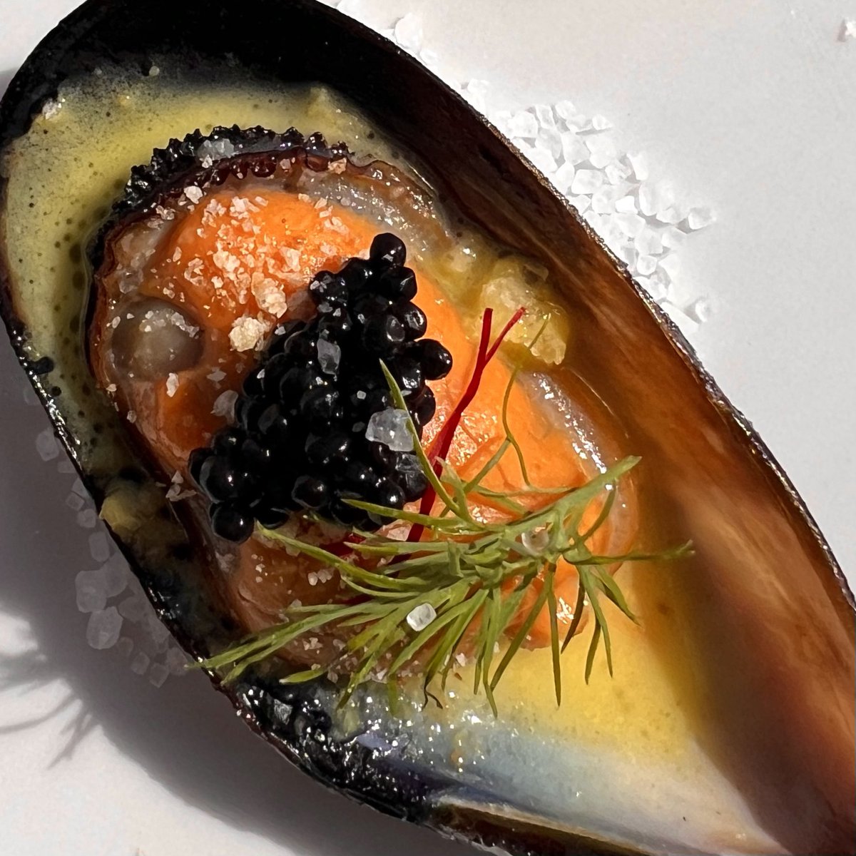 open face mussels: saffron shallot butter, toasted breadcrumbs, american hackleback sturgeon caviar