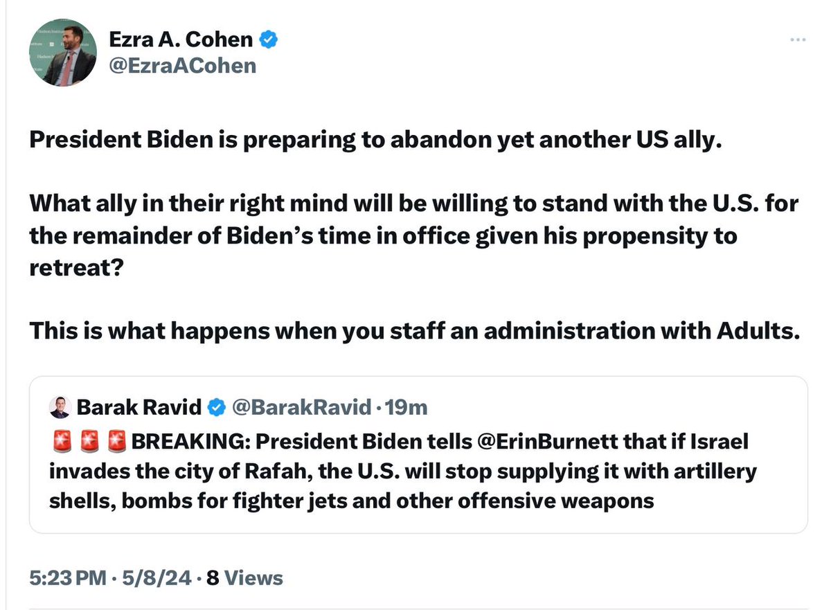 🚨🚨🚨BREAKING: President Biden tells @ErinBurnett that if Israel invades the city of Rafah, the U.S. will stop supplying it with artillery shells, bombs for fighter jets and other offensive weapons — President Biden is preparing to abandon yet another US ally. What ally in…