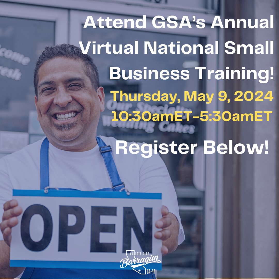 ATTN #CA44 small businesses! Join @USGSA TOMORROW from 10:30am-5:30pmET for their annual virtual small business training! Get the best advice & guidance for your new or existing minority-owned small business, all for FREE! Sign up below! mbmapp.com/event/smallbus…