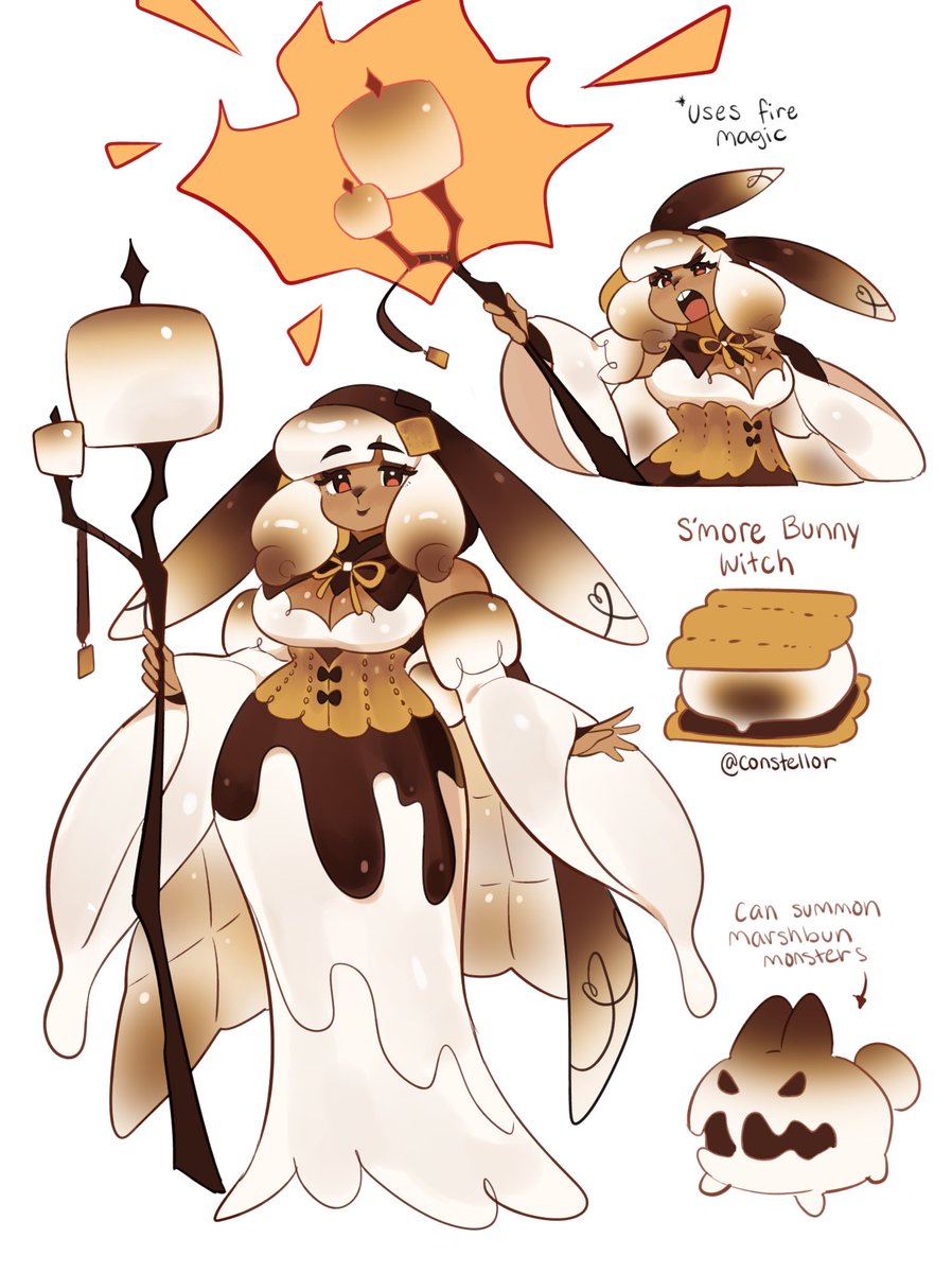 s'more bunny witch adopt! she uses her magical marshmallow staff to cast fiery yummy spells ☁️🍫🔥 price + info below, please DM me to claim her!