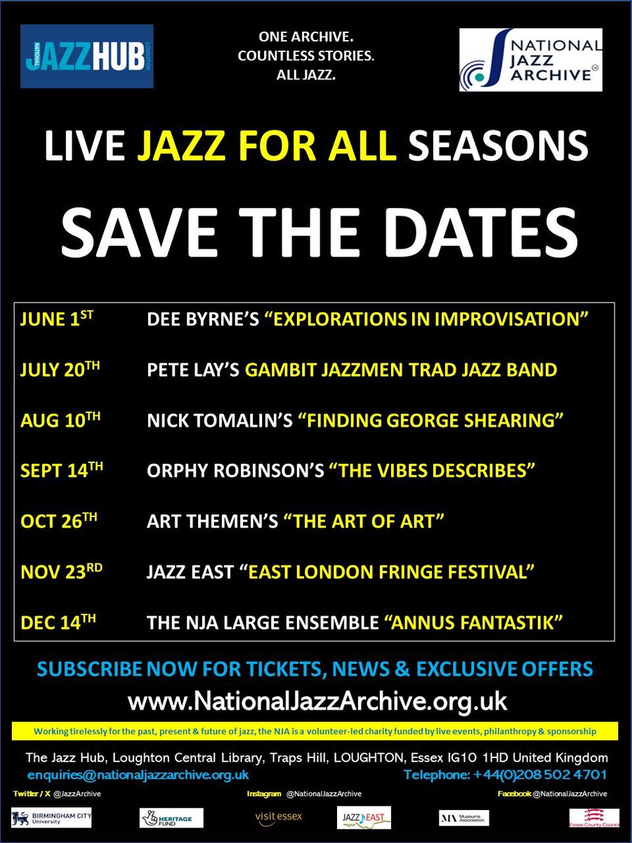 Jazz fans!!

We have an incredible run of live #jazz events lined up for you from June to December.

Make sure to check out our website nationaljazzarchive.org.uk to stay up to date. 

SAVE THESE DATES! 👇<a href="/Jazzwise/">Jazzwise</a>