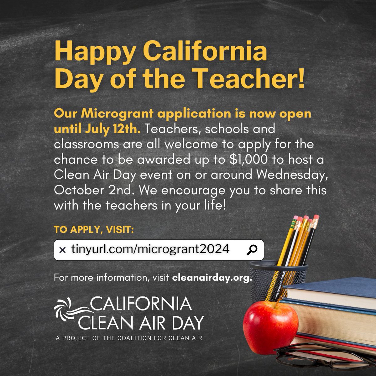 Happy California Day of the Teacher! Your dedication is invaluable, and we celebrate you!🍎🏫🩵

📣TEACHERS: We invite you to apply for a Microgrant this year to help spread clean air awareness events in schools. To apply, visit tinyurl.com/microgrant2024