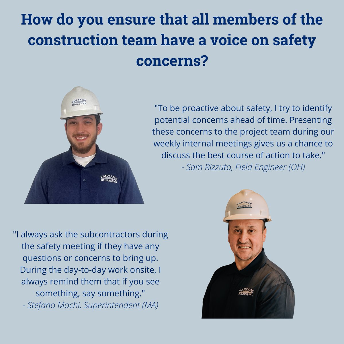 VantageBldrs's tweet image. As we continue through Construction Safety Week, we asked our Superintendents how they ensure that all members of the construction team have a voice on safety concerns. See what Todd, Bill, Sam and Stefano had to say!

#ConstructionSafetyWeek #WeBuildSafely #ThinkSafety #OnSite