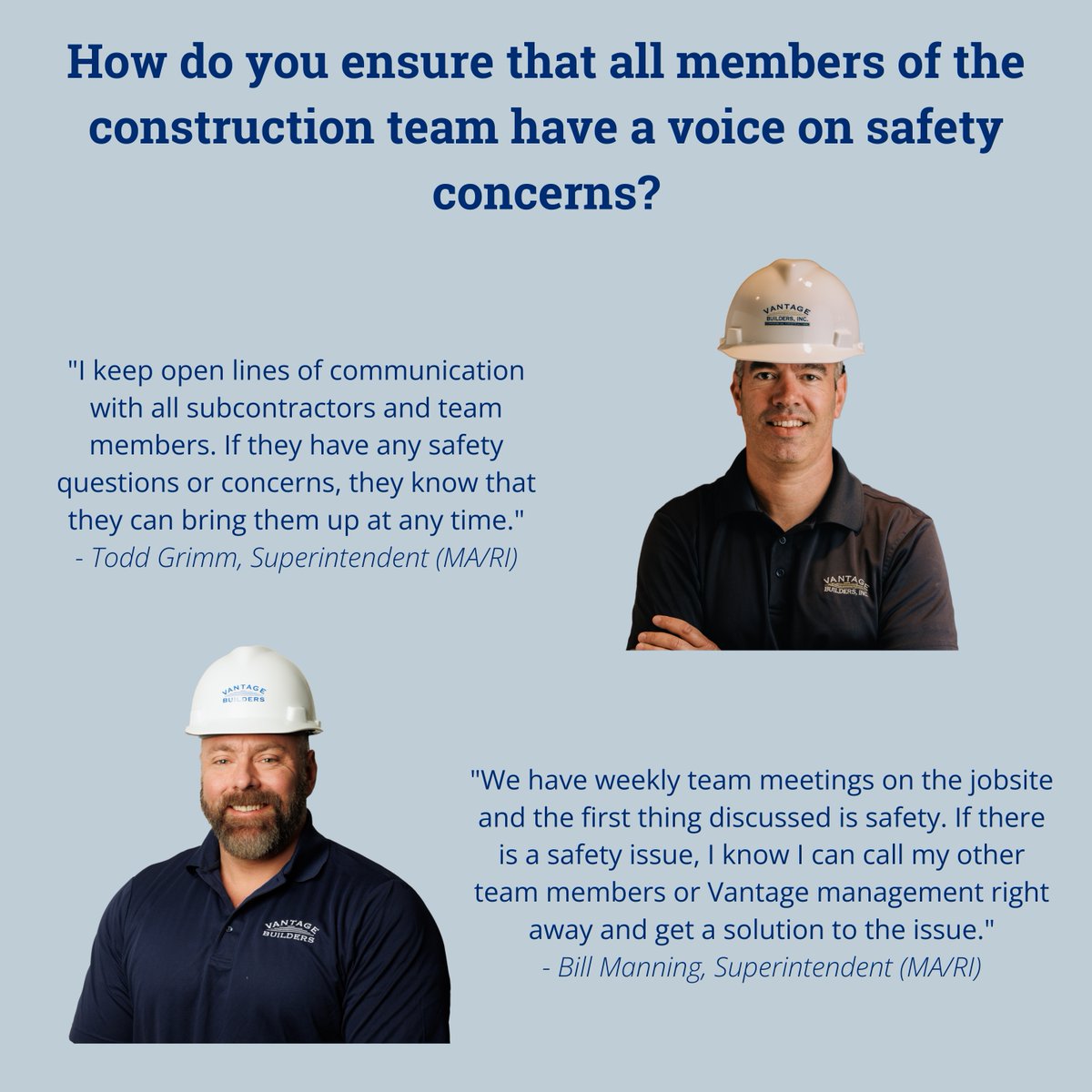 VantageBldrs's tweet image. As we continue through Construction Safety Week, we asked our Superintendents how they ensure that all members of the construction team have a voice on safety concerns. See what Todd, Bill, Sam and Stefano had to say!

#ConstructionSafetyWeek #WeBuildSafely #ThinkSafety #OnSite