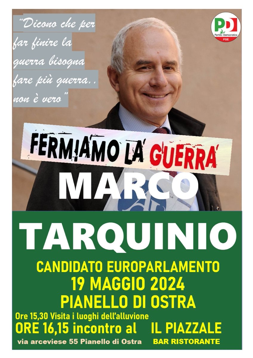 PdOstra's tweet photo. “Dicono che per far finire la guerra bisogna fare più guerra.. non è vero”
MARCO TARQUINIO
già direttore di AVVENIRE
CANDIDATO all' EUROPARLAMENTO
Domenica 19 MAGGIO 2024
a PIANELLO DI OSTRA
Ore 15,30 Visita i luoghi dell’alluvione
ORE 16,15 incontro al BAR RISTORANTE IL PIAZZALE https://t.co/a2lPiNJDPZ