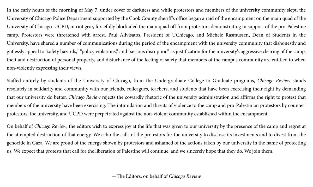 From The Editors: Statement on the Events of May 7 at the University of Chicago. chicagoreview.org/statement-on-t…