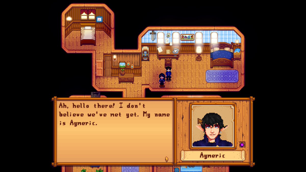 celestial_tart's tweet photo. Happy #aymericday! It's officially been one year since I first announced that I was working on a mod to add Aymeric to Stardew Valley. To celebrate the occasion, I'm excited to announce that, at last, this mod is now available to the public! Link can be found below 💙 https://t.co/7XXLh7iWgd