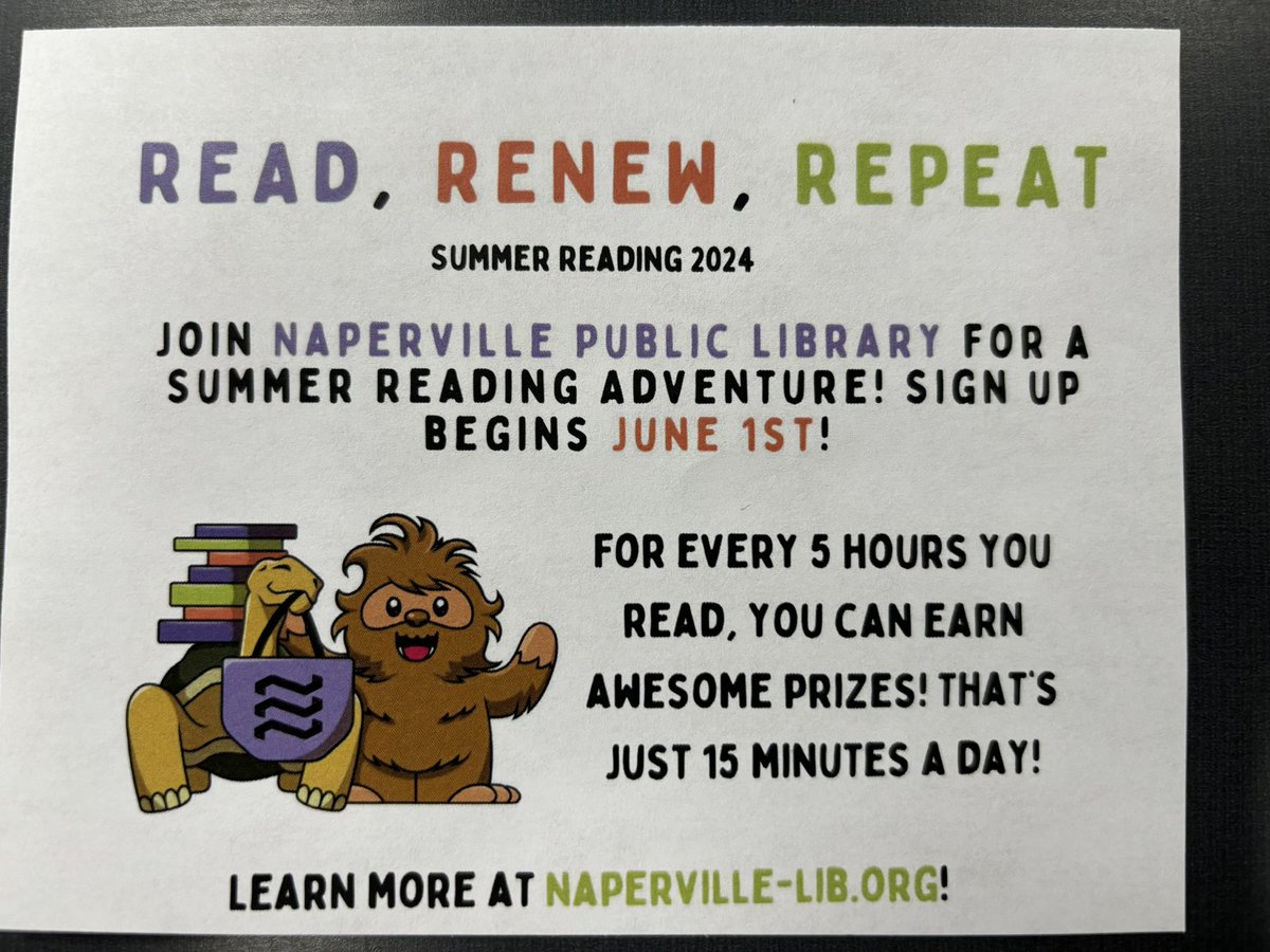 Today Maisie of Naperville Public Library <a href="/naperlib/">Naperville Public Library</a> shared info about getting library cards and the Summer Reading Program: Read, Renew, Repeat. Find out more at Naperville-lib.org 
#nnhsreads #letahuskieleadtheway