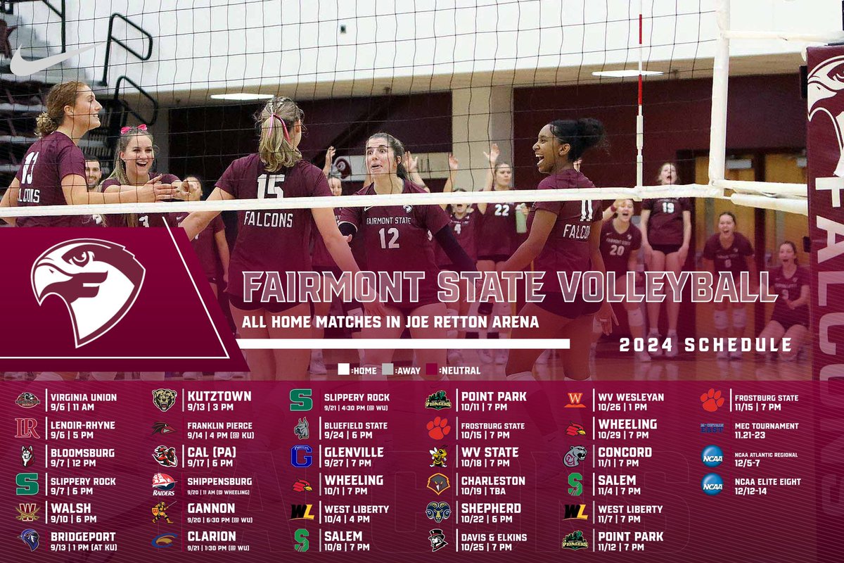 Here is our 2024 Fairmont State Volleyball Schedule! We will kick off the season with the annual Fairmont State Classic 9/6 & 9/7 and opening our season on our home court for four matches. We can’t wait to see you back in the Joe this Fall!!!
