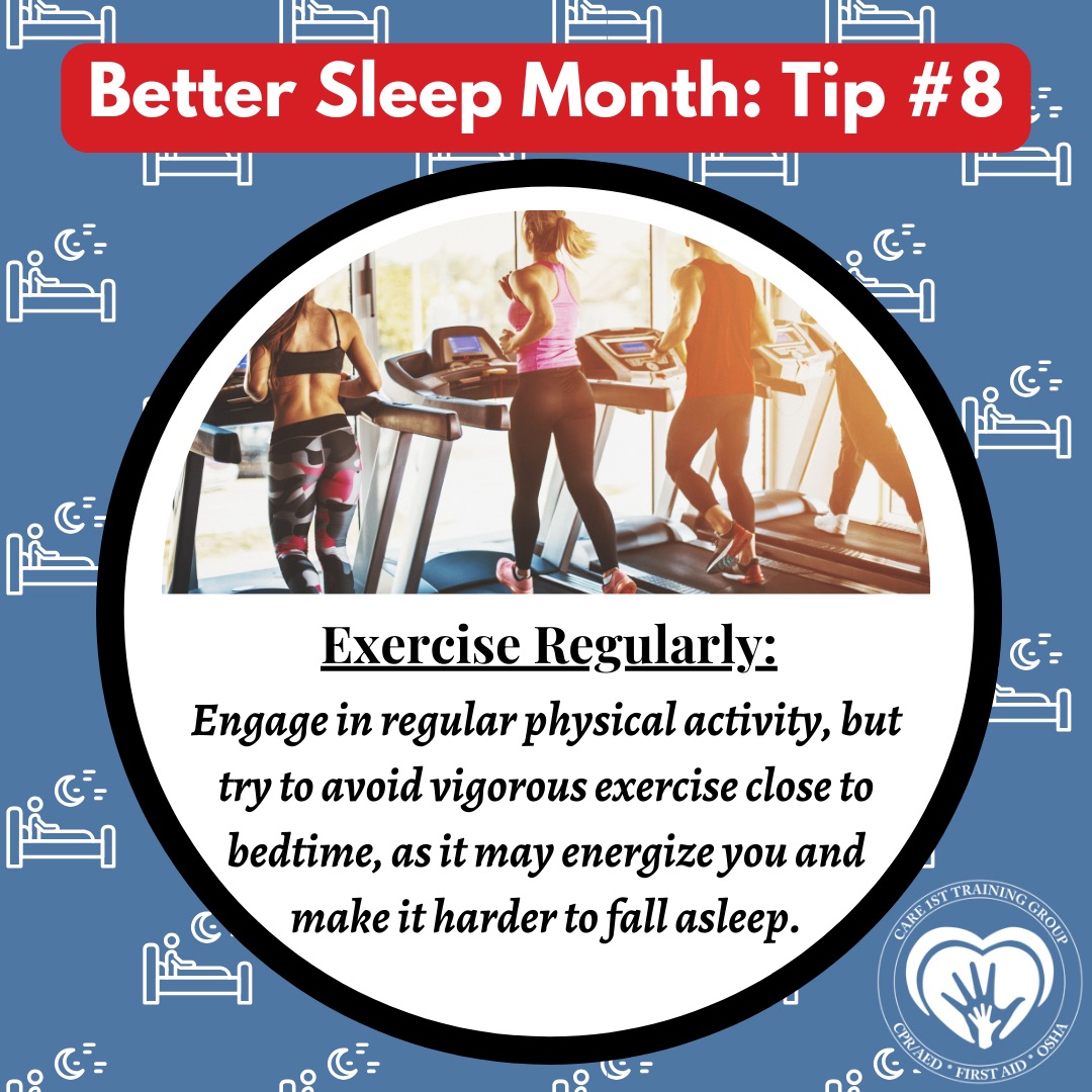Boost your sleep quality with Tip #8: Make exercise a priority! 🏋️‍♂️💤 Regular physical activity not only enhances your overall health but also promotes deeper, more restorative sleep! 🌟 #Care1stCPR #Care1stTrainingGroup #BetterSleepTips #SleepWell #HealthyLiving