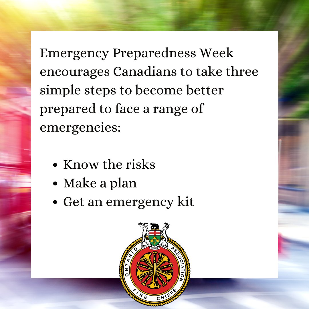 Emergency Preparedness Week encourages Canadians to take three simple steps to become better prepared to face a range of emergencies: * Know the risks * Make a plan * Get an emergency kit To learn more please visit getprepared.gc.ca #EPWeek2024