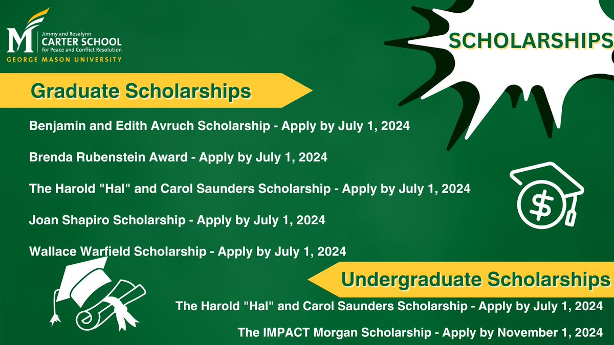 Did you know the Carter School offers scholarships to incoming and current students? Students may apply for more than one, but must meet the application requirements for each. Click here for more info → ow.ly/4HTY50RxgV3 #MasonNation #GMUCarterSchool #GeorgeMasonU