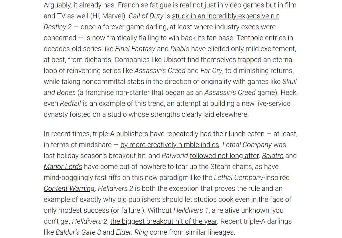 recently, when video game execs have laid people off and shut down studios, they've announced plans to re-focus their reduced workforces' energies on franchises, often at the expense of new projects and series. we can't keep going like this

aftermath.site/microsoft-layo…