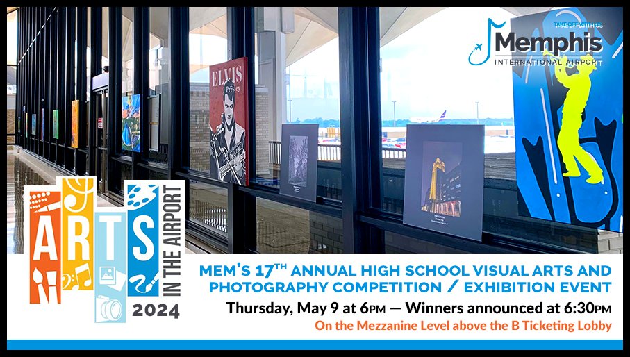 Arts in the Airport 2024 is almost here! Join us Thurs. evening, May 9, at 6pm, as we announce this year's winners & celebrate the talented high school student artists from the Memphis area! 🎨📸 flymemphis.com/memphis-intern… @MSCSK12 @cville_schools @CBHSMemphis @BartlettSchools