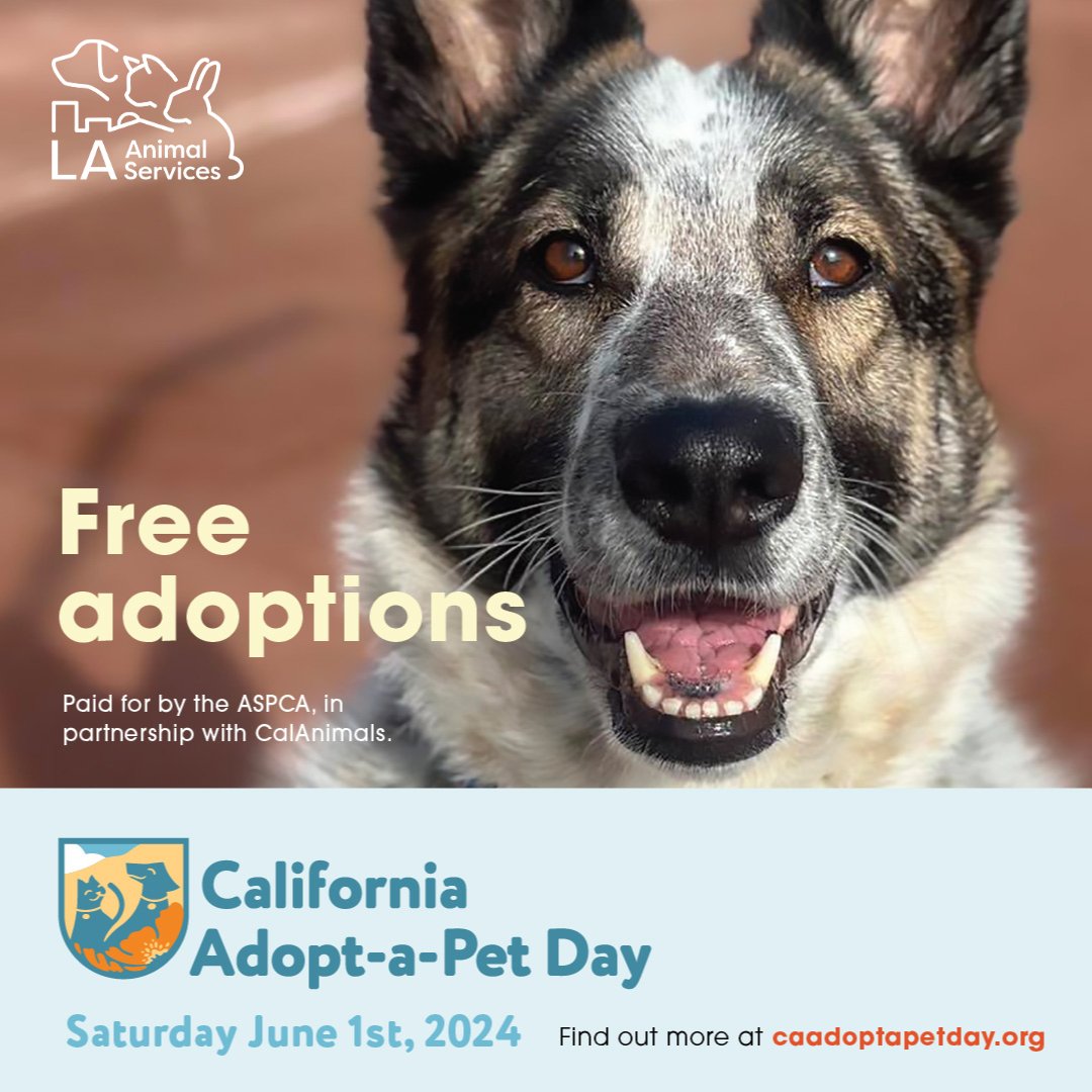 California Adopt-a-Pet Day is coming up on June 1st, & we're thrilled to participate! Join us for a special adoption event where adoption fees are waived & you can meet our wonderful pets. Thanks to @CalAnimals, @SFSPCA, & @ASPCA for their amazing support! #CAAdoptAPetDay