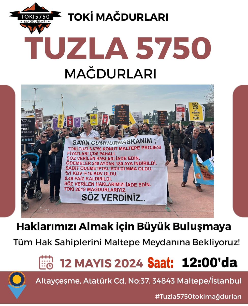 !! TUZLA 5750 TOKİ MAĞDURU BULUŞUYOR !!
<a href="/RTErdogan/">Recep Tayyip Erdoğan</a> <a href="/mehmetozhaseki/">Mehmet Özhaseki</a> 
<a href="/nowtvturkiye/">NOW</a> <a href="/gazetesozcu/">Sözcü</a> <a href="/KRTCANLI/">KRT TV</a>  <a href="/ShowTV/">Show TV</a> <a href="/startv/">STAR TV</a> 
<a href="/halktvcomtr/">Halk TV</a> <a href="/haberibbcomtr/">İBB HABER</a> <a href="/trthaber/">TRT HABER</a> <a href="/Toki_Kurumsal/">TOKİ</a> 
#tokimağdurları 
#tuzla5750magdurları