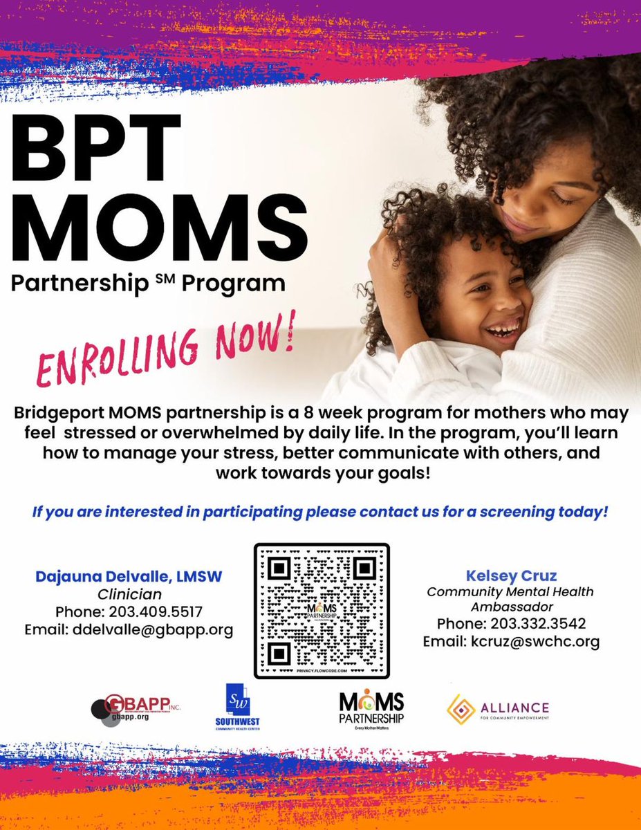 To all the moms in Bridgeport, don't miss this amazing opportunity! @BPT_Prospers has an 8 week program to educate you on stress management and communication skills. Scan the QR code to learn more.