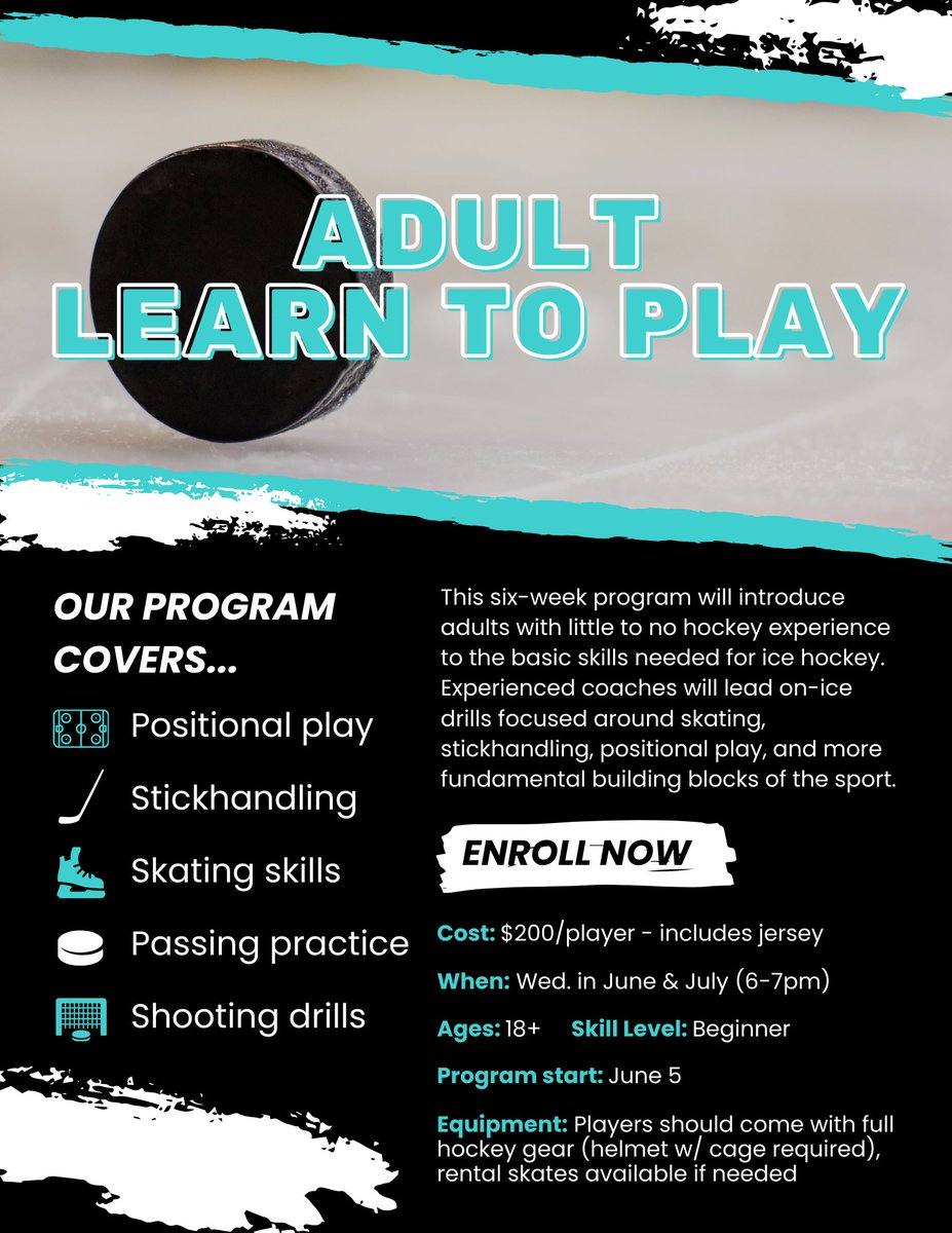 NEW HOCKEY PROGRAM🚨Are you an adult who has always dreamed of playing hockey? Here's your chance! Our six-week Adult Learn to Play is for those 18+ with little to no hockey experience. We'll guide you through the basic skills and more🏒 Register now: bit.ly/ADLTP