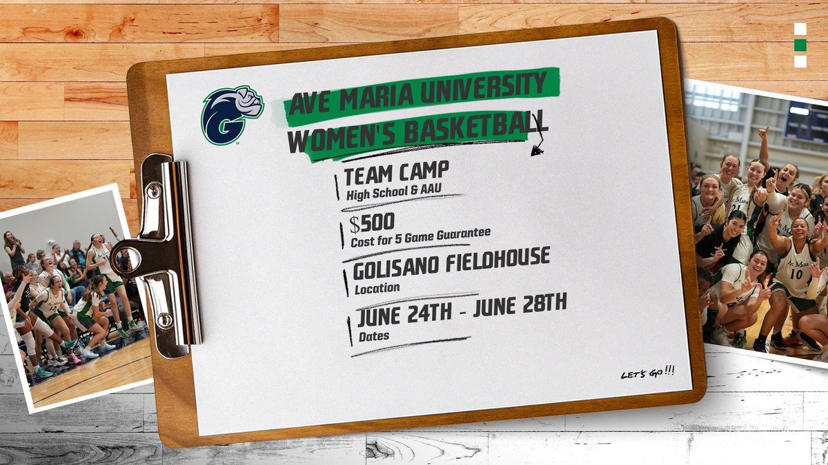 Southwest, Florida! 📢 Ave Maria University Women's Basketball is hosting a HS Team Camp in June! 🗓️June 24th-28th 📍Tom Golisano Fieldhouse 🏀Competitive Basketball 👕T-Shirts Included DM or Email for Registration Form & Additional Information! 📲