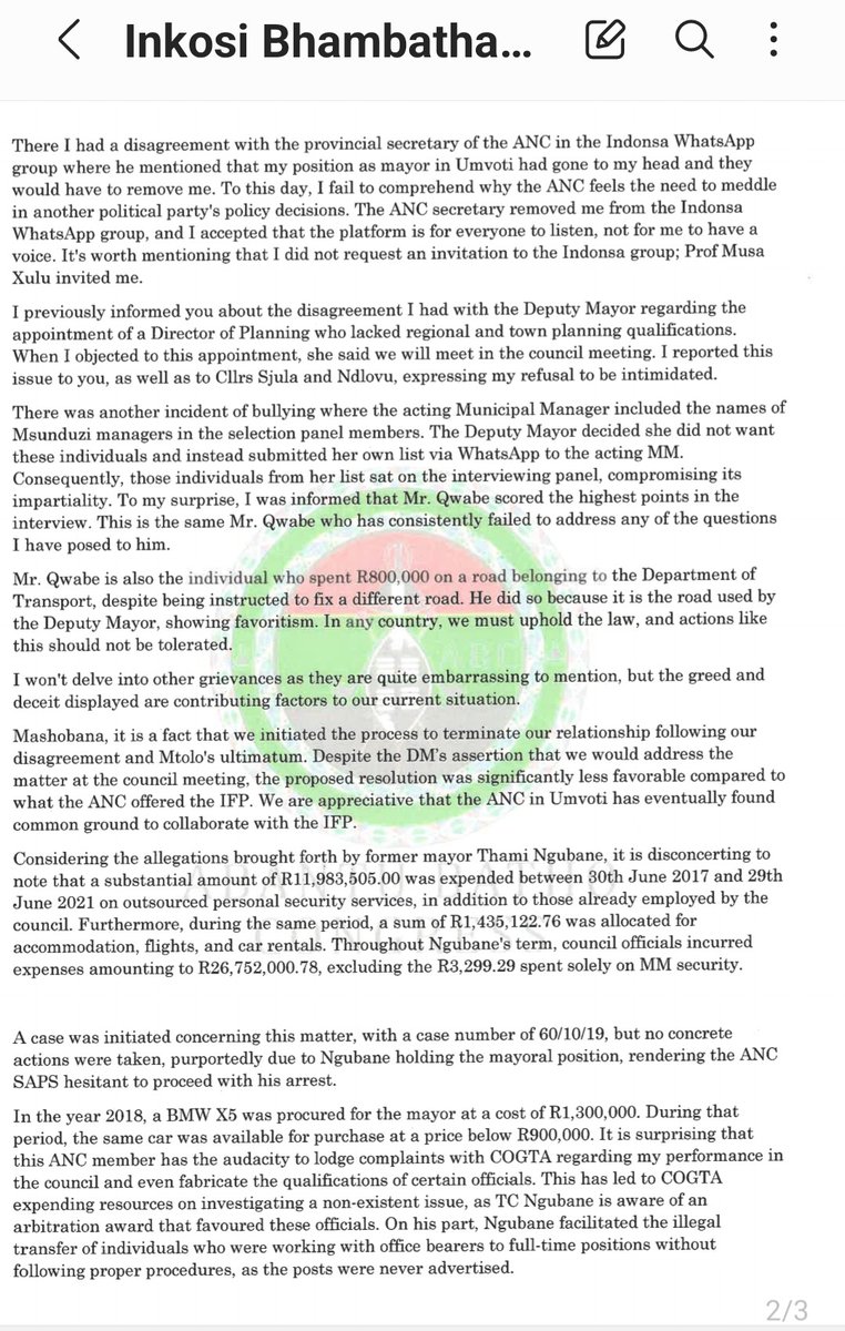 ZANewsFlash's tweet photo. NEWS: A letter written by the President of Abantu Batho Congress (ABC), Philani PG Mavundla to the regional secretary of the ANC in the Inkosi Bhambatha region has laid bare shenanigans in the Umvoti (Greytown) local municipality where the two parties are coalition partners. 

In the letter Mavundla who also the mayor of Umvoti reveals how the deputy mayor, Ntombi Ngubane who is also the ANC's regional chairperson, pushed for a man with no regional and town planning qualifications to be the director for planning in the municipality. 

Mavundla also revealed how the former director for technical services, Ntokozo Qwabe, spent almost a million to repair a road that belongs to the provincial Department of Transport and ignored one under the care of the municipality. That was allegedly done because Ngubane uses the road when going to her home and Qwabe was returning the favour since Ngubane helped him score the top job. @ScrollaAfrica