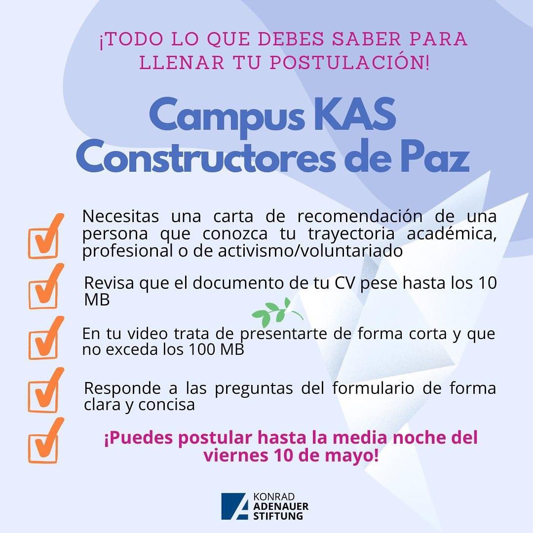 #convocatorianacional campus KAS
#constructoresdepaz
En la imagen de este post, te damos algunos tips para llenar tu postulación
✅Para postular ingresa al siguiente link: https://
shorturl.at/atN34
🚨Último plazo viernes 10 de Mayo a media noche
#kas4democracy #kasbolivia