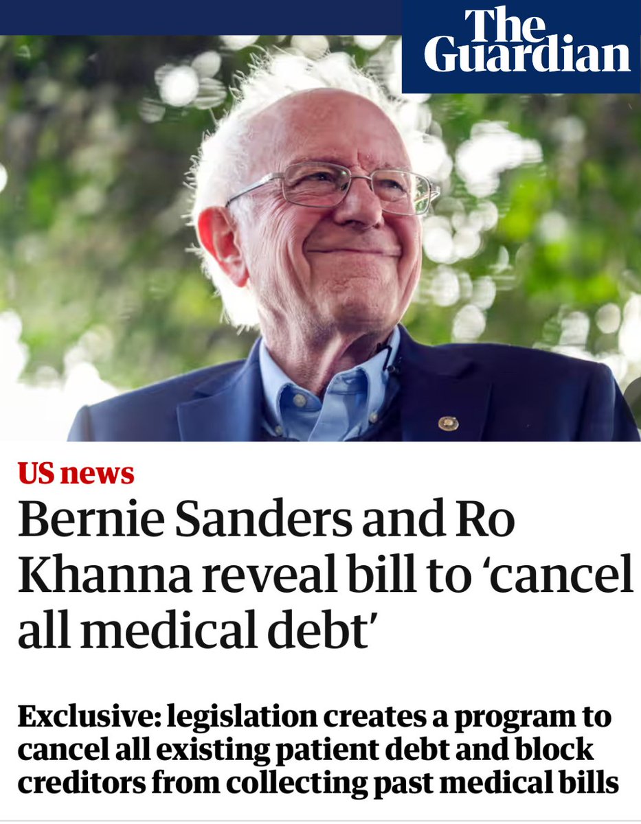 🚨NEWS! @BernieSanders and @RoKhanna introduce new bill to Cancel Medical Debt! “People in our country should not be going bankrupt because they got cancer and could not afford to pay their medical bills.' — Bernie Sanders Link to the full story by @guardiannews below: