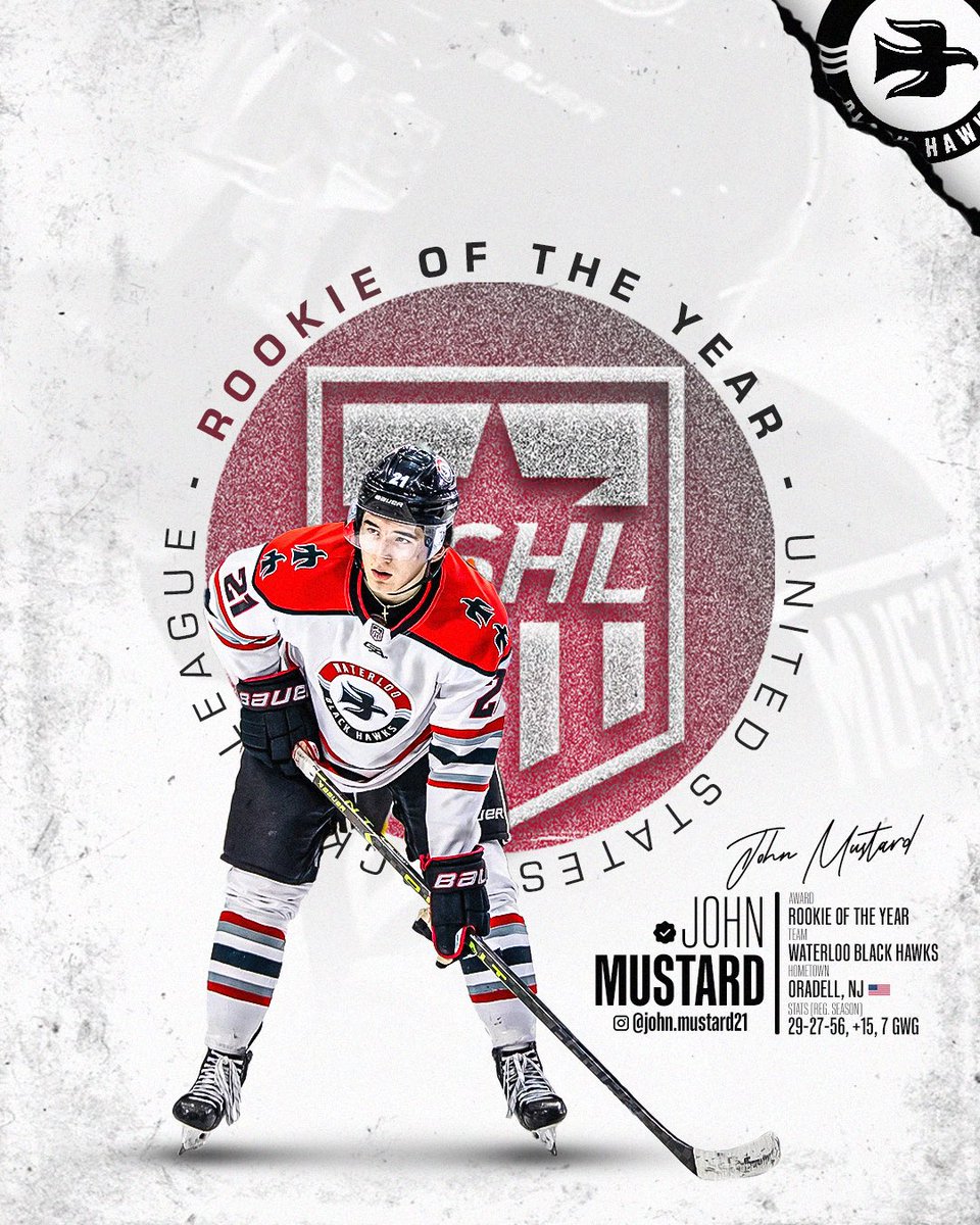 Waterloo phenom John Mustard is your 2023-24 USHL Rookie of the Year 🏆

The <a href="/FriarsHockey/">PC Men's Hockey</a> commit produced 29 goals and 27 assists for <a href="/BlckHawksHockey/">Waterloo Black Hawks</a> this season. 

Mustard is the third Waterloo player in history to win this award.

#StarsRise | 🔗 shorturl.at/cefZ2