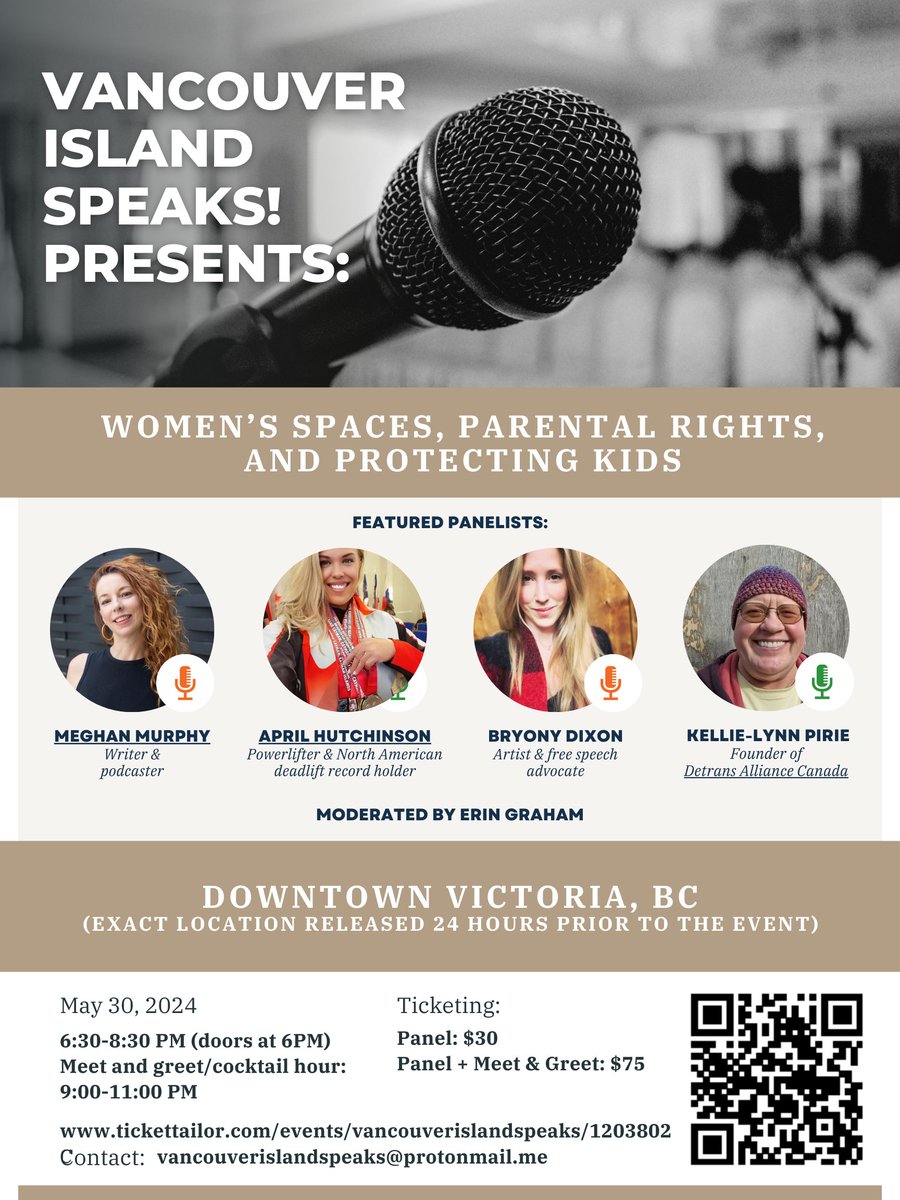 Vancouver Island women! Don't miss the first ever event addressing women's spaces, parental rights, and gender identity ideology Victoria! Join @meghanemurphy, @BryonyClareD, @Lea_Christina4, and @KelliePirieDAC on May 30th—we won't be silenced! tickettailor.com/events/vancouv…