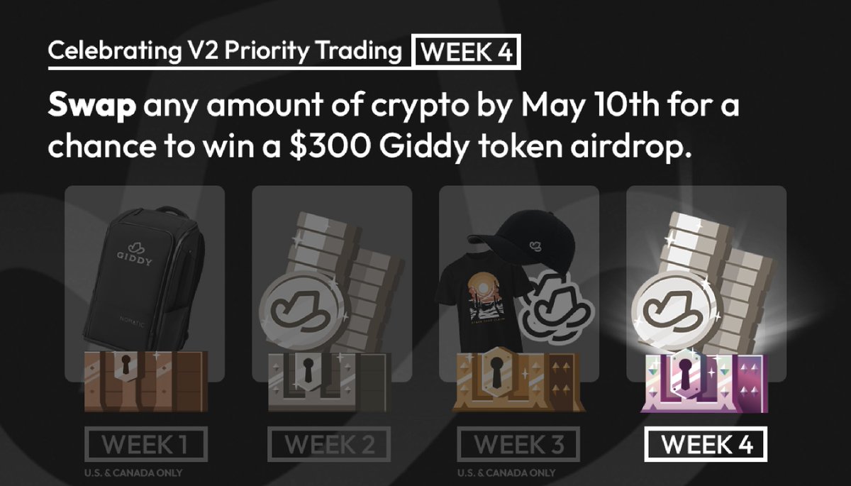 Our last week of #giveaways 

&amp; our biggest prize yet! 💰

Swap any amount of crypto in the Giddy app before Friday for a chance to win a $300 airdrop! 🪂

Like + Retweet for good luck! 👇