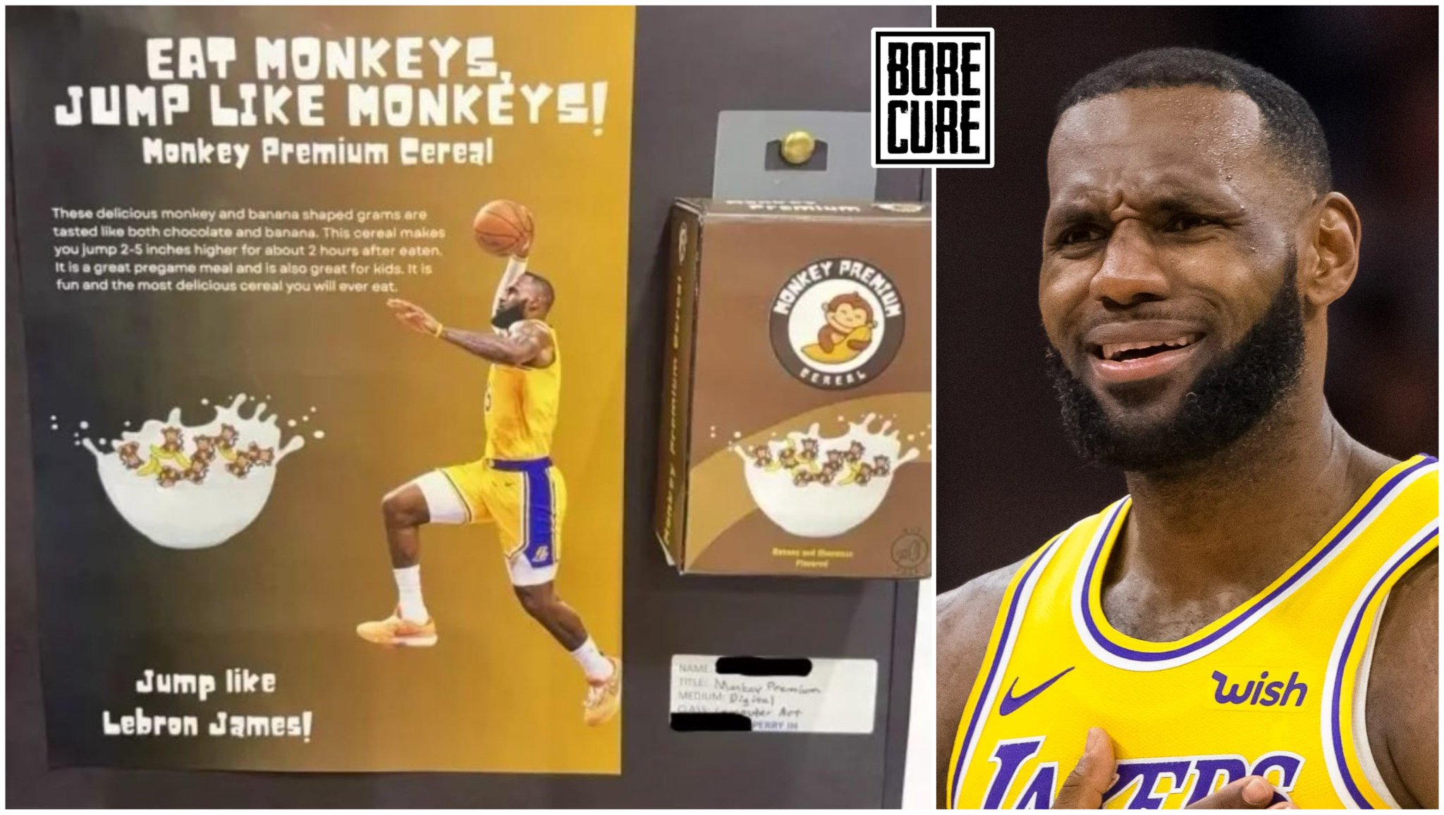 BoreCure on X Racist LeBron James poster displayed at a school art exhibition in New York. The cereal advertisement labeled Monkey Premium was part of the New Hartford Festival of the Arts