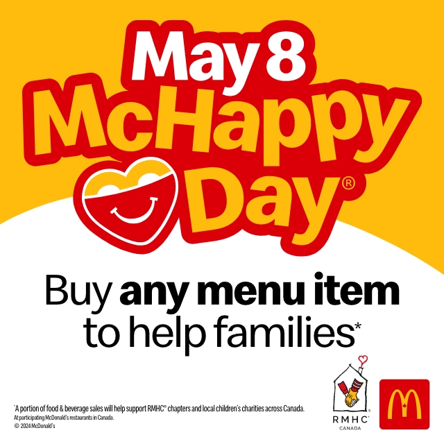 Today is McHappy Day! A portion of proceeds from all food and beverage menu items go to @RMHCCanada. McHappy Day allows you to feel good about making a difference in the lives of families with sick children, helping to bring smiles to those who need it most. #McHappyDay