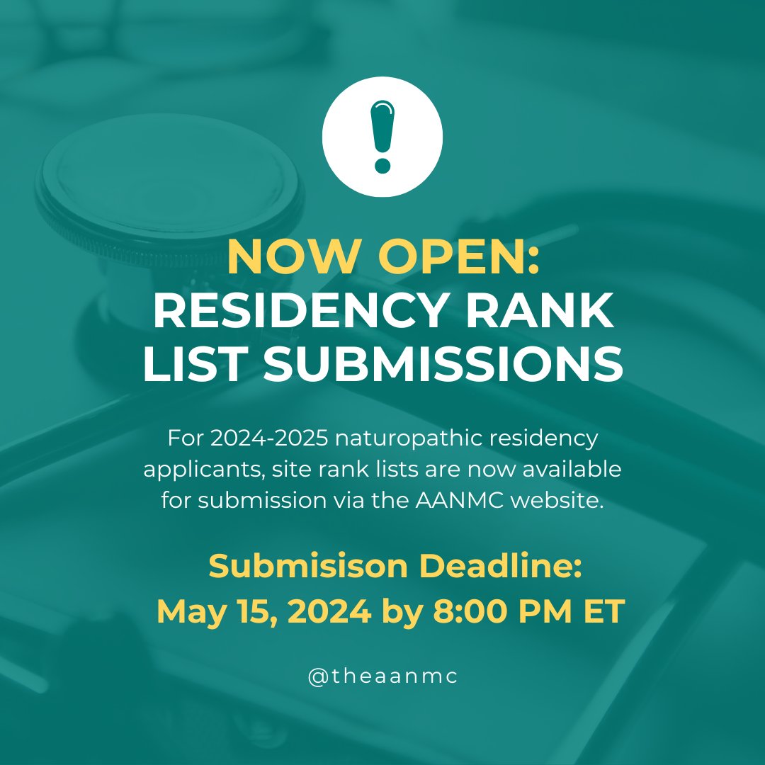 The Naturopathic Residency Rank List submission is now open on the AANMC website! Rank lists are final once submitted. For more info, see the Residency Portal.

Submit here: pulse.ly/xqwlqqqtvv

#naturopathicresidency #natmedstudent #naturopathicmedicine #naturopathicstudent