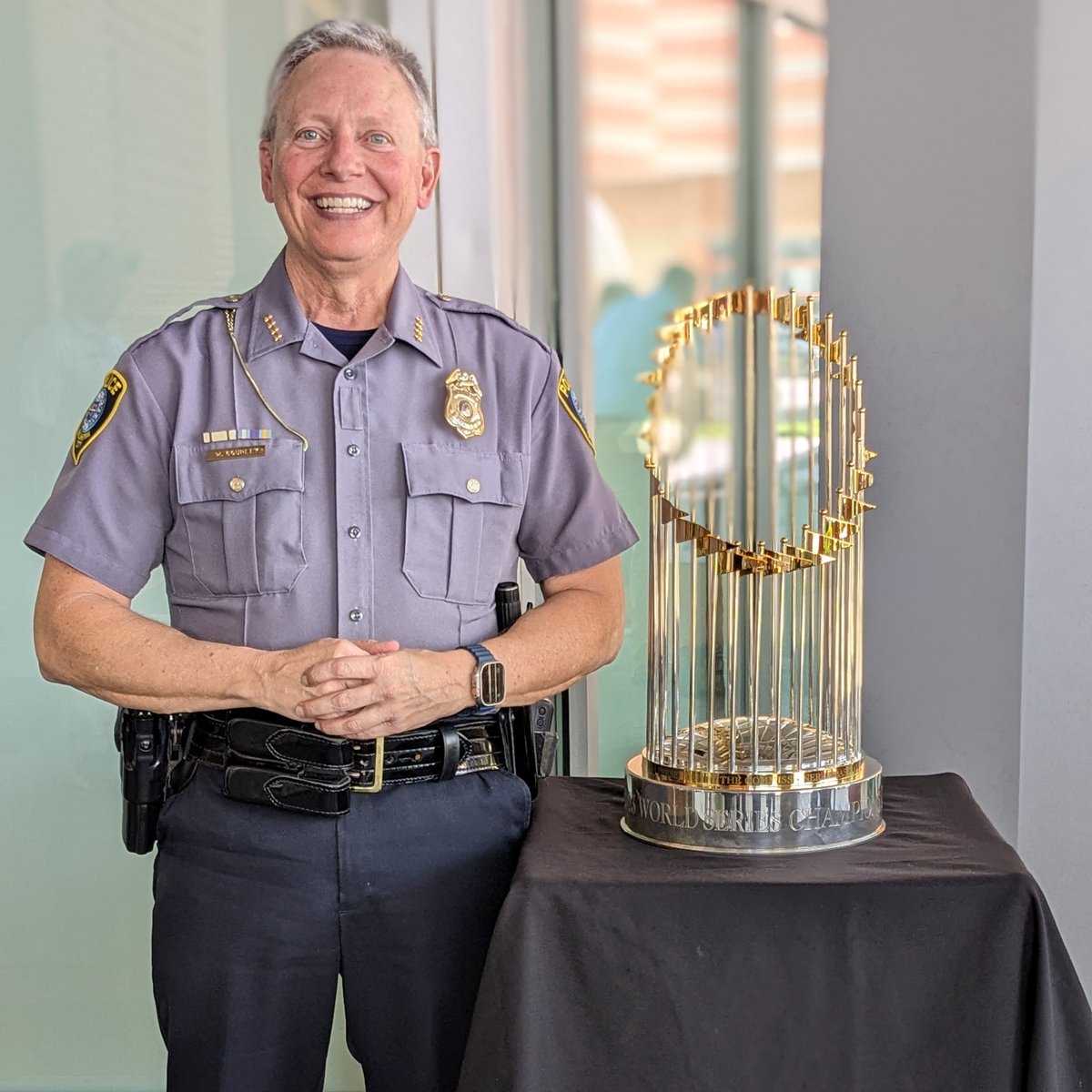 The 2023 @MLB World Champions Trophy Tour stopped by headquarters today. The trophy belongs to the Texas @Rangers...pretty cool stuff.