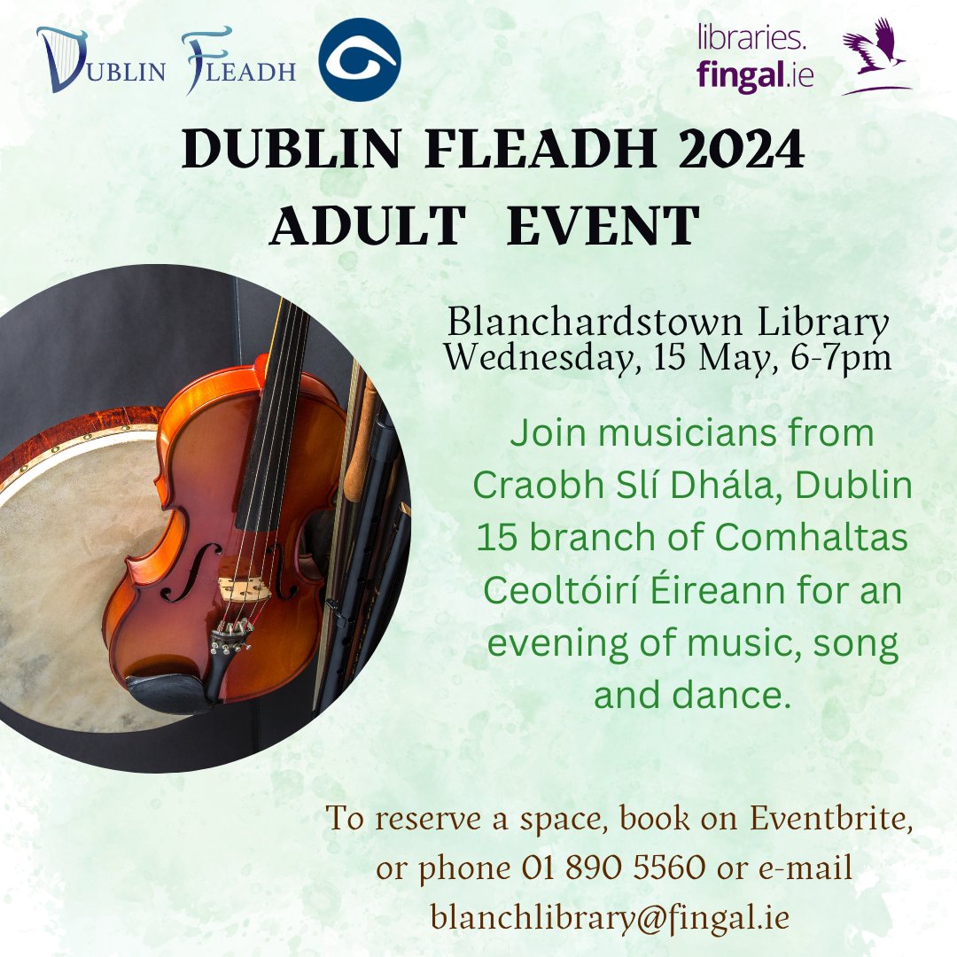 Join musicians from Craobh Slí Dhála, Dublin 15 branch of Comhaltas Ceoltóirí Éireann for an evening of music, song and dance in Blanchardstown Library on Wednesday 15 May 2024, 6-7pm. 🎻🪕🎵 @DublinComhaltas @LeinsterFleadh #dublinfleadh #fleadh #ceoltradisiúnta